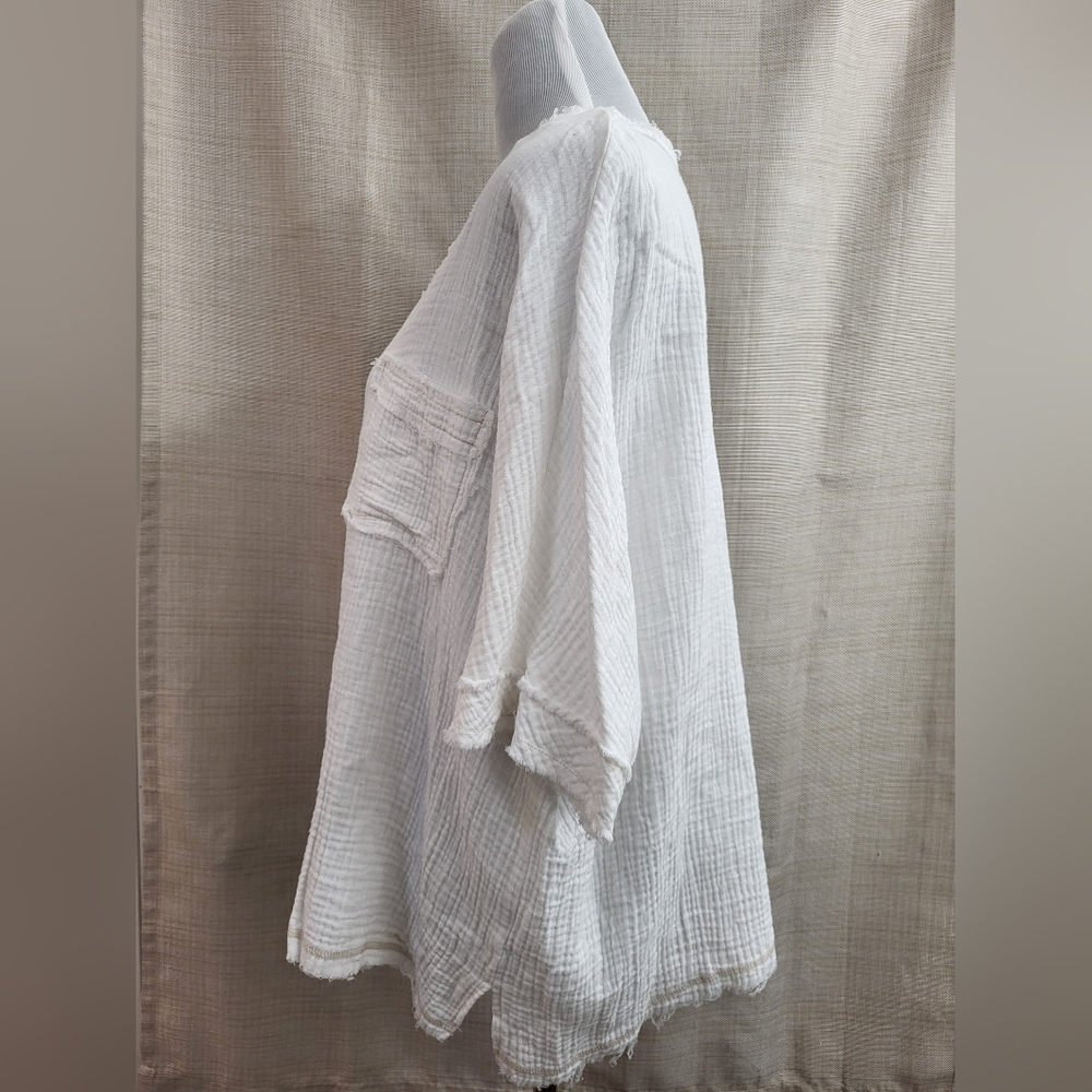 La Miel Women's Shirt White Textured Gauze Short Sleeve Rustic Hem Oversized Sm - Picture 2 of 12